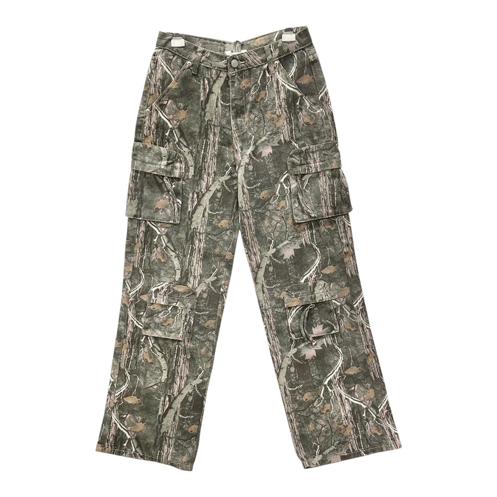 Riley & James Camo Cargo Pants Green Brown Tree Print Wide Leg Utility 28x31